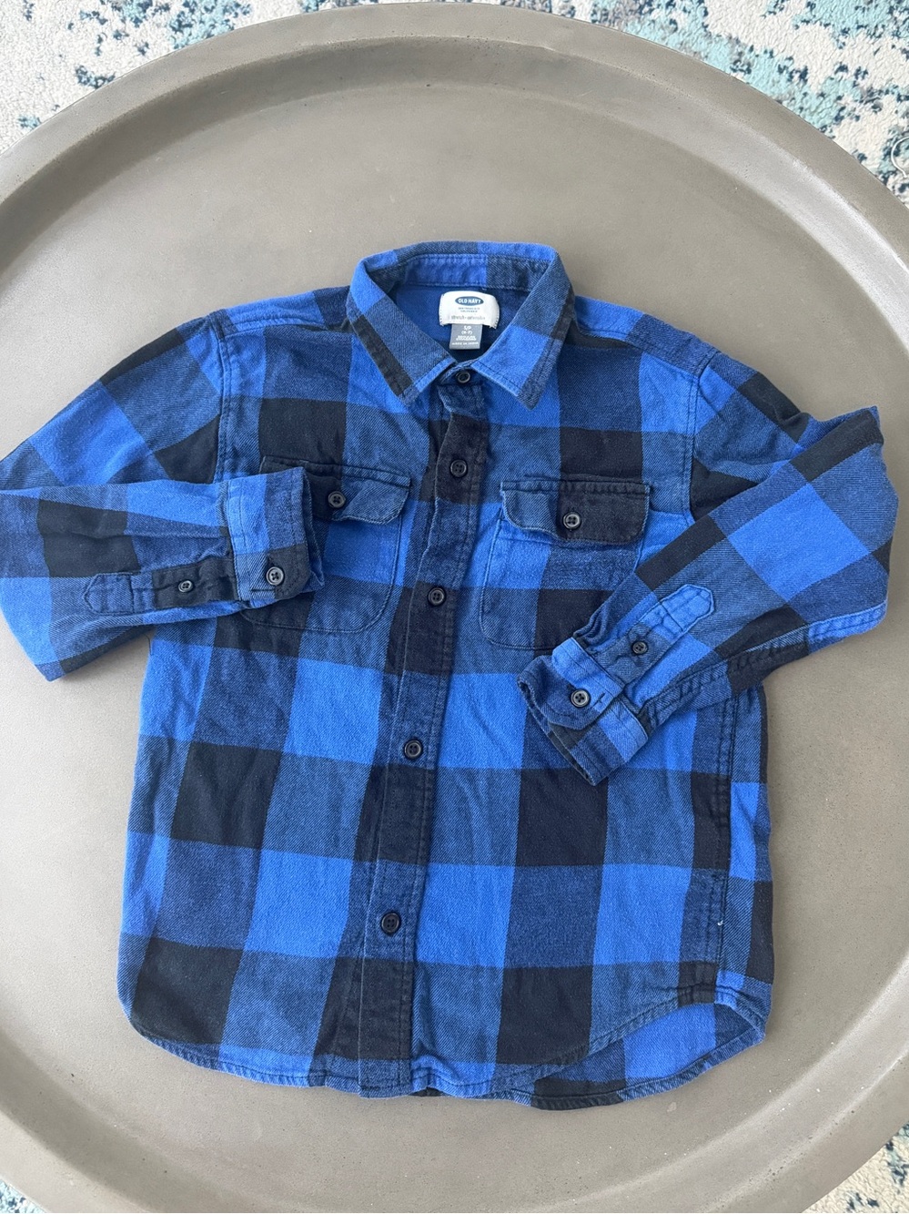 Old Navy Blue and Black Plaid Button-Down Shirt for Kids 6/7